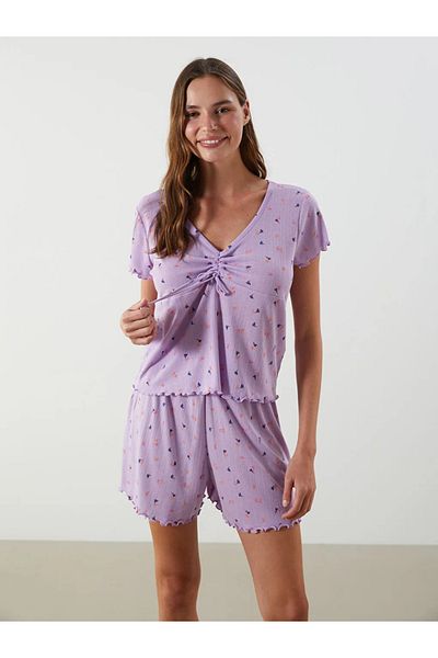 LC Waikiki Lcw Dream Lilac V-Neck Floral Women's Shorts Pajama Set