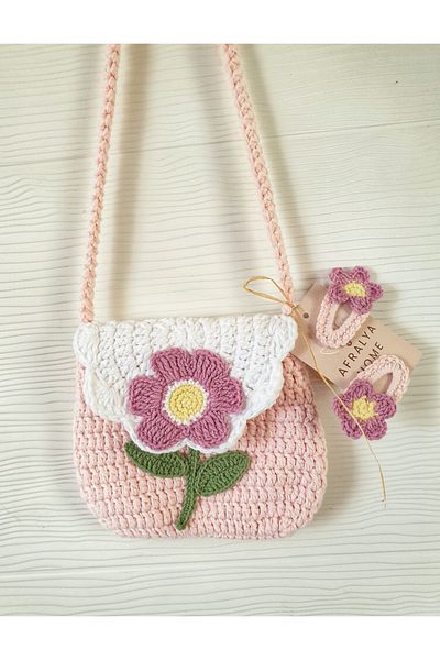 AFRALYAHOME Children's Bag with Daisy / Knitted Children's Bag / Pink Cute Children's Bag