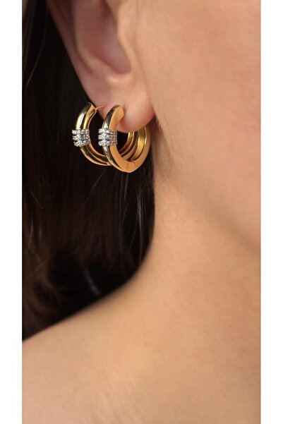 Soles 14 Ayar altın rengi taşlı halka Çelik küpe