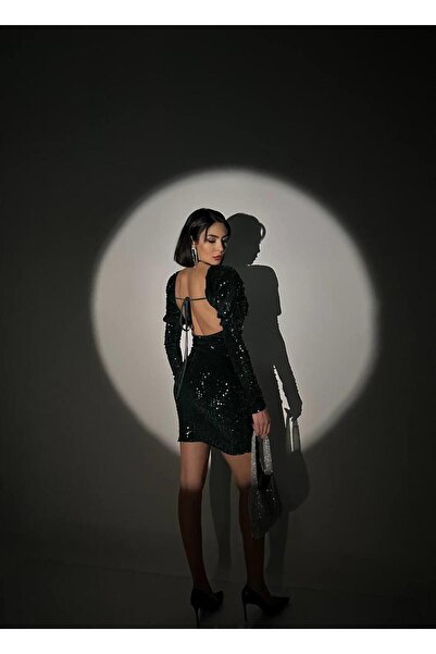 Glysso Derin Sırt Dekolteli Degaje Yaka Pul Payet Elbise