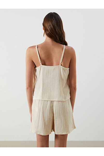 LC Waikiki LCW DREAM Bej V Yaka Dokulu Kadın Şortlu Pijama Takımı