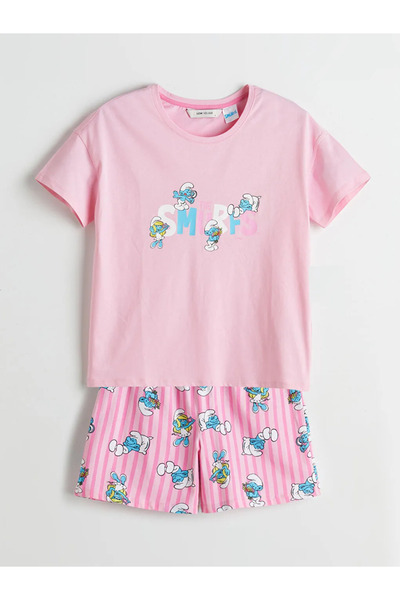LC Waikiki LCW Young Pembe Şirinler Baskılı Kadın Şortlu Pijama Takımı