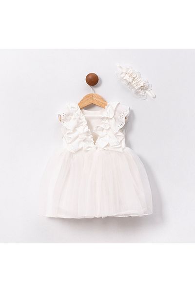 ministok Toddler Girl Dress with White Scalloped Ruffle Sleeves and Hair Accessories