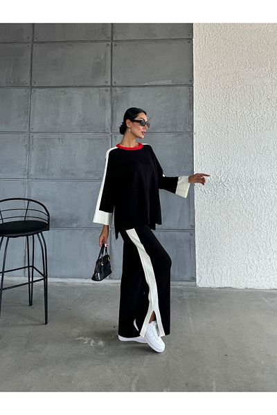 KURGAN TEKSTİL Women's Slit Knitwear Sweater Pants Bottom Top Set