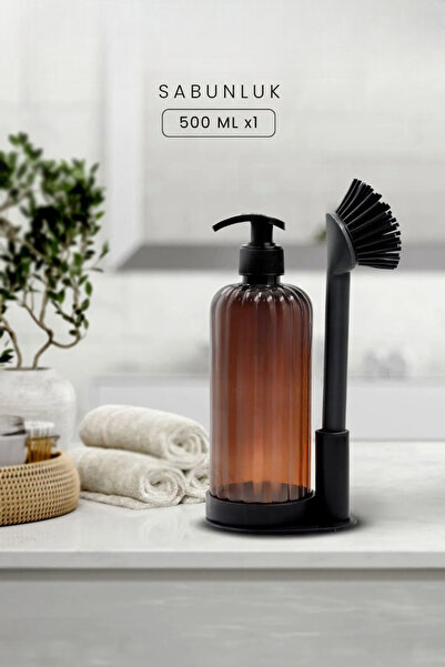 MAİN SHOP Liquid Soap Dispenser Set with Soft Silicone Brush - Dishwashing Detergent - Bleach - Amber Bottle 500 ml M-166