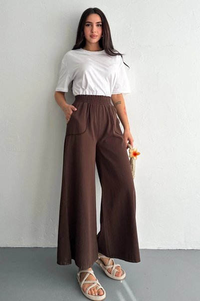 Meine Liebe Unterwäsche Women's Elastic Waist Pocket Wide Leg Cotton Brown Trousers