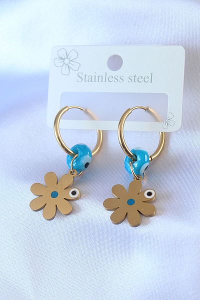 Skygo 316L Steel Gold Color Flower Model Evil Eye Bead Detail Women's Earrings - TJ-BKP7498