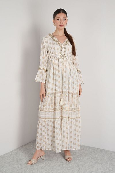 NAVAJO Maxi Dress - White Brown Gold Collar Gilding Embroidery Lined – 100% Cotton – Standard Size (36-44)
