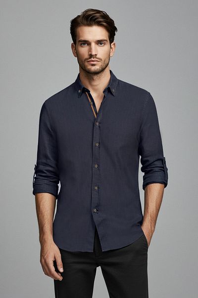 Trendyol Collection Sötétkék Slim Fit Epaulettes ing - hosszú ujjú, 100% pamut, TMNSS20GO0189