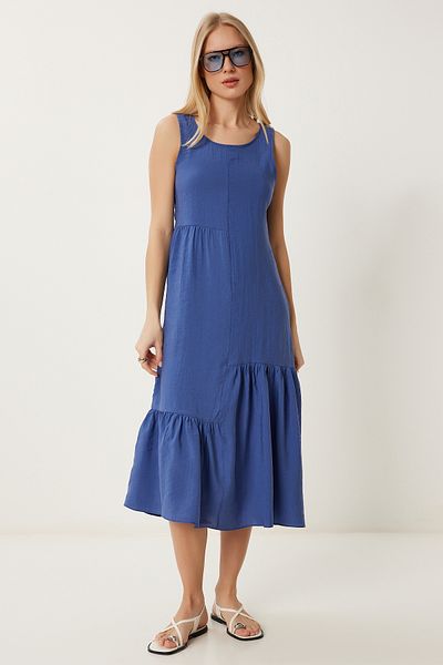 Happiness İstanbul Women's Indigo Blue Flounced Long Ayrobin Dress Gk00021