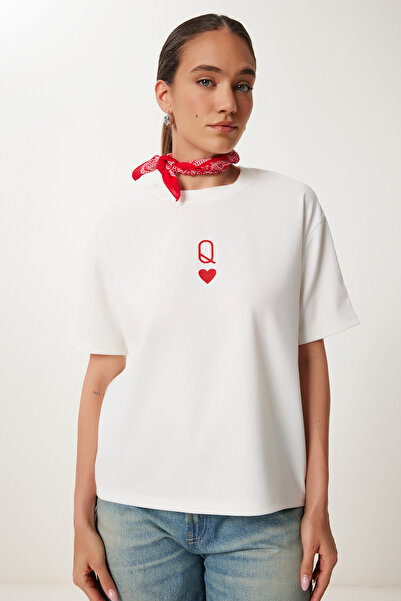 Happiness İstanbul Dámské oversize pletené tričko Ecru s potiskem AN00245