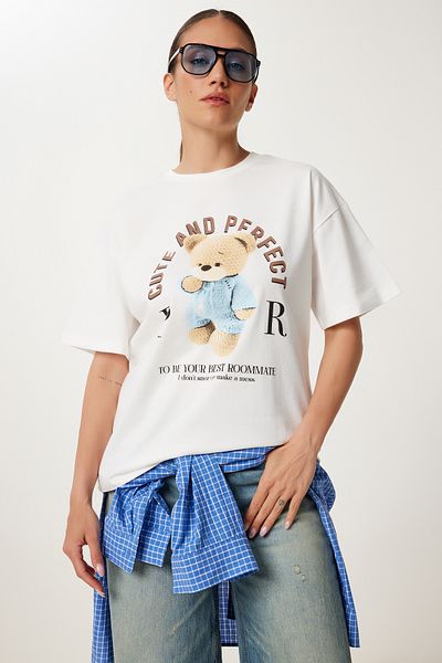 Happiness İstanbul Ecru bedrucktes Oversize-T-Shirt aus Baumwolle für Damen CR00508