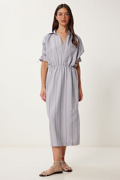 Happiness İstanbul Women's Gray Striped Slit Ayrobin Dress Rg00062
