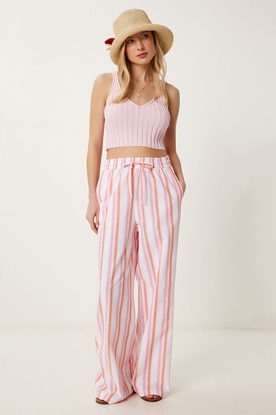 Happiness İstanbul Women's Orange Striped Summer Loose Linen Trousers Dp00247