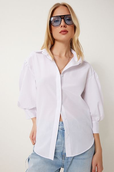 Happiness İstanbul Women's White Balloon Sleeve Poplin Shirt Zv00315