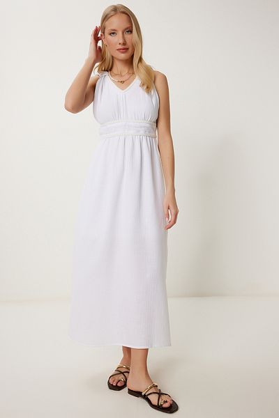 Happiness İstanbul Women's Ecru Knitted Striped Summer Linen Dress Rv00209