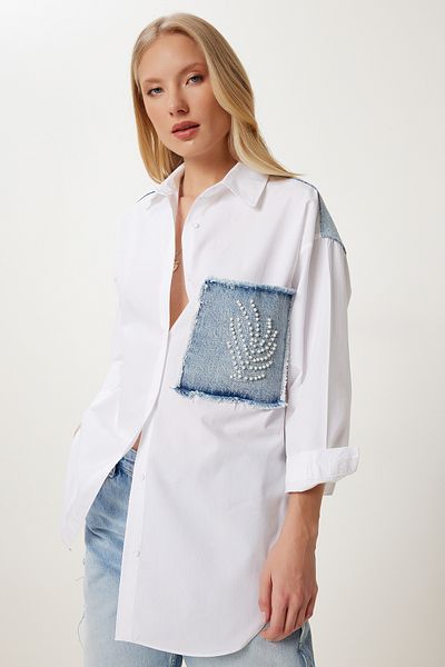 Happiness İstanbul Women's White Pearl Denim Detailed Oversize Poplin Shirt Zh00052