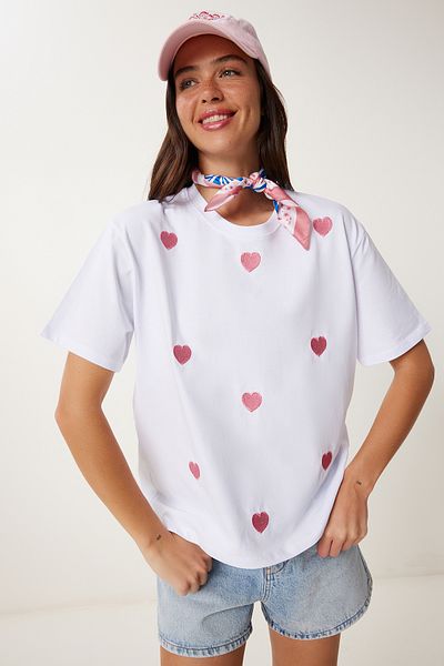 Happiness İstanbul Women's White Heart Embroidered Cotton Knitted T-Shirt An00244