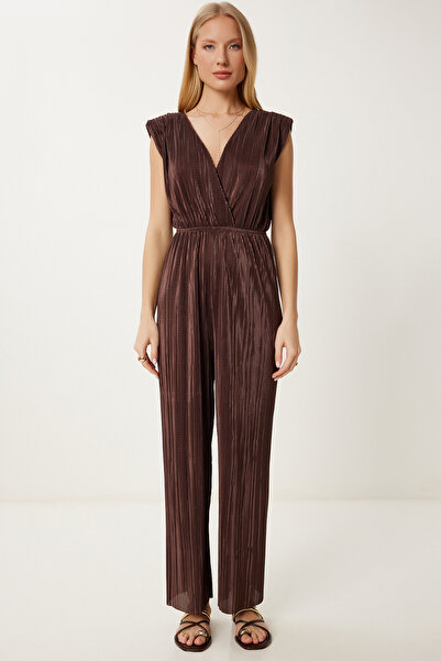 Happiness İstanbul Dámský hnědý vycpaný plisovaný pletený overal AN00235