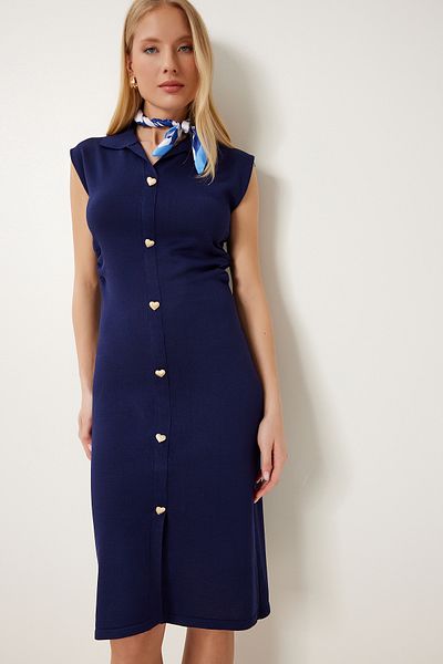 Happiness İstanbul Women's Navy Blue Heart Button Detailed Gathered Saran Knitwear Dress As00028