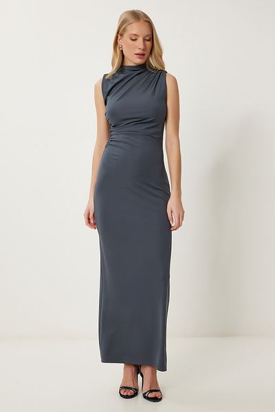 Happiness İstanbul Women's Smoked Draped Saran Stretchy Maxi Dress Dp00250
