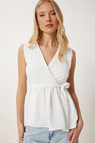 Happiness İstanbul Ecru Damen Bluse mit Wickelkragen, flexibel gestrickt AN00250