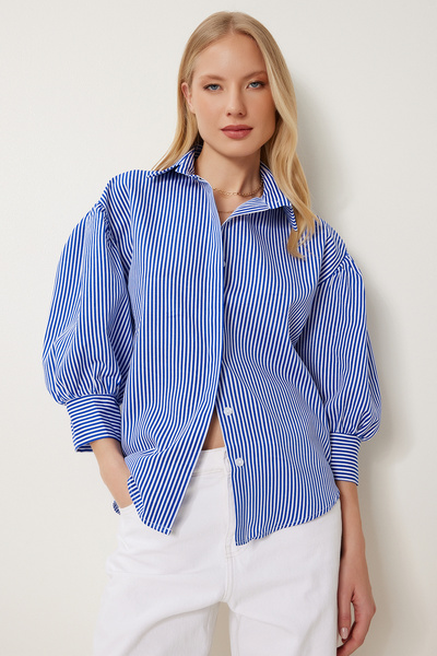 Happiness İstanbul Cămașă din popelin cu mâneci cu balon cu dungi albastre și albe pentru femei ZV00316