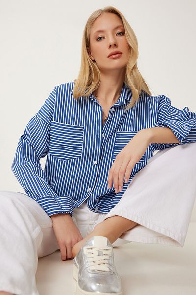 Happiness İstanbul Women's Navy Blue Overisize Wrinkled Woven Shirt An00249