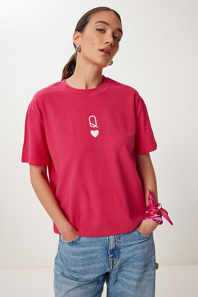 Happiness İstanbul Women's Dark Pink Printed Oversize Knitted T-Shirt An00245