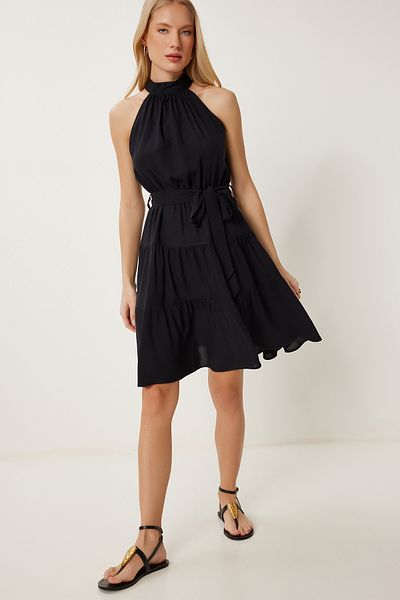 Happiness İstanbul Women's Black Halter Neck Flounce Viscose Dress An00254
