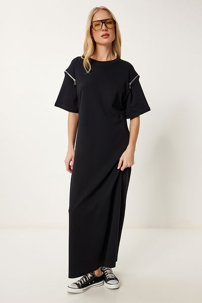 Happiness İstanbul Women's Black Zipper Detailed Long Loose Knitted Dress Dp00251