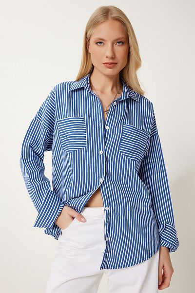 Happiness İstanbul Women's Navy Blue Overisize Wrinkled Woven Shirt An00249