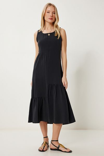 Happiness İstanbul Women's Black Flounced Long Ayrobin Dress Gk00021
