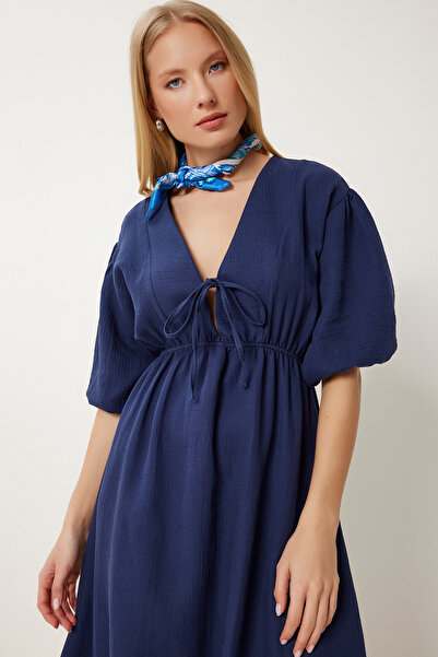 Happiness İstanbul Dámské námořnické modré šaty se zavazováním s hlubokým výstřihem do V, lněné mušelínové šaty AN00247