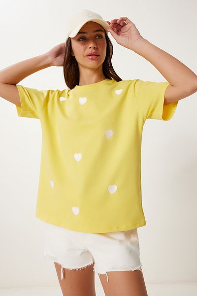 Happiness İstanbul Gestricktes T-Shirt aus Baumwolle mit gelbem Herz für Frauen AN00244