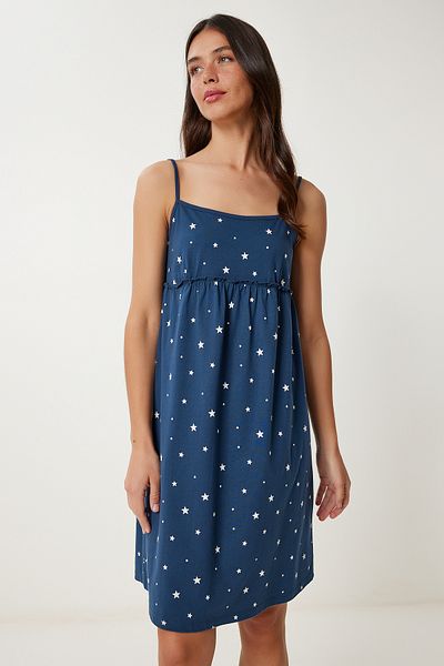 Happiness İstanbul Women's Navy Blue Straps Soft Textured Cotton Knitted Nightgown Dress Ce00097