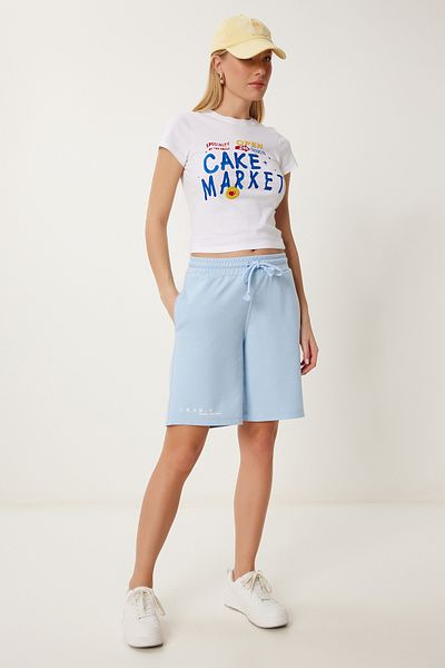 Happiness İstanbul Himmelblaue Damen-Shorts aus Baumwolle mit Taschen SM00154