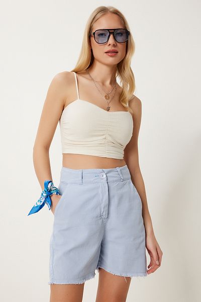 Happiness İstanbul Himmelblaue City-Shorts aus Leinen mit Fransen für Damen GK00020