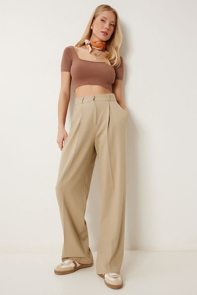 Happiness İstanbul Cremefarbene, plissierte, gewebte Palazzo-Hose für Damen US00978