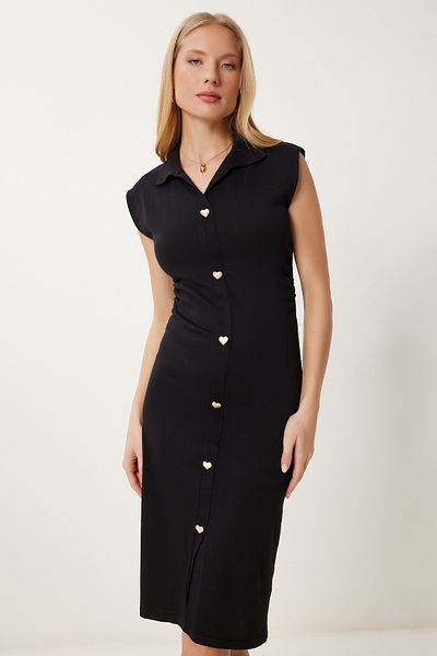 Happiness İstanbul Rochie de tricotaj înfășurată cu șnur cu nasturi cu inimă neagră pentru femei AS00028