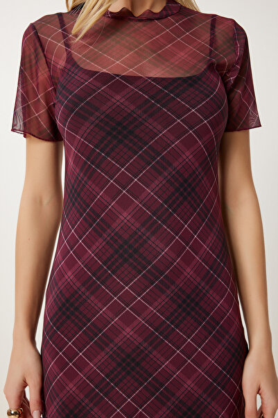 Happiness İstanbul Women's Burgundy Black Checkered Lined Tulle Dress An00251