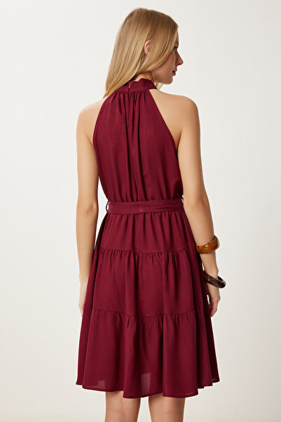 Happiness İstanbul Women's Burgundy Halter Neck Flounce Viscose Dress An00254