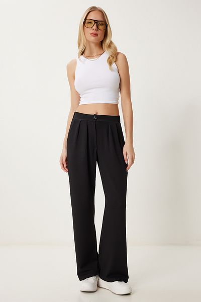 Happiness İstanbul Women's Black Pleated Super Stretch Palazzo Pants An00255