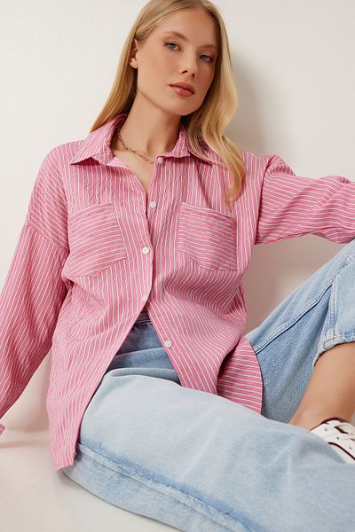 Happiness İstanbul Women's Pink Overisize Crinkle Woven Shirt An00249