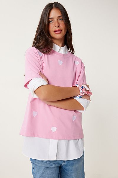 Happiness İstanbul Women's Pink Heart Embroidered Cotton Knitted T-Shirt An00244