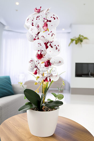 Yapay Çiçek Deposu Saksıda Yapay Baskılı Islak Orkide 55 Cm Bordo Benekli