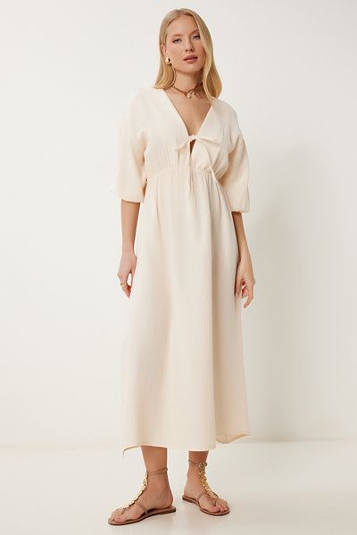 Happiness İstanbul Cremefarbenes Damenkleid aus Leinen-Musselin mit tiefem V-Ausschnitt und Schnürung AN00247