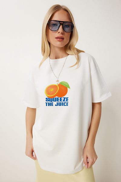 Happiness İstanbul Women's Ecru Oversize Printed Knitted T-Shirt Zv00281