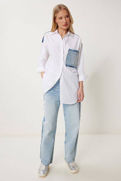 Happiness İstanbul Women's White Pearl Denim Detailed Oversize Poplin Shirt Zh00052