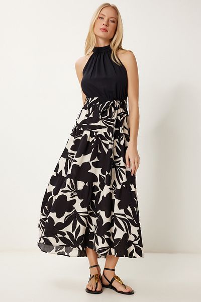 Happiness İstanbul Women's Black Cream Halter Neck Patterned Belted Viscose Dress An00253